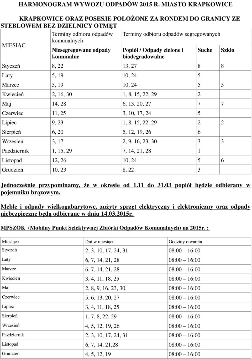 odpady komunalne Styczeń 8, 22 13, 27 8 8 Luty 5, 19 10, 24 5 Marzec 5, 19 10, 24 5 5 Kwiecień 2, 16, 30 1, 8, 15, 22, 29 2 Maj 14, 28 6, 13, 20, 27 7 7 Czerwiec