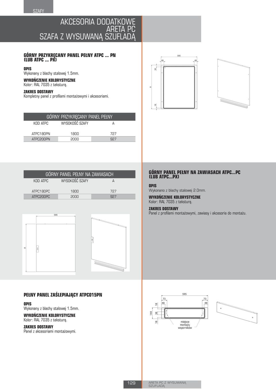 GÓRNY PRZYKRĘCANY PANEL PEŁNY KOD ATPC WYSOKOŚĆ SZAFY A ATPC180PN 1800 727 ATPC200PN 2000 927 GÓRNY PANEL PEŁNY NA ZAWIASACH KOD ATPC WYSOKOŚĆ SZAFY A ATPC180PC 1800 727