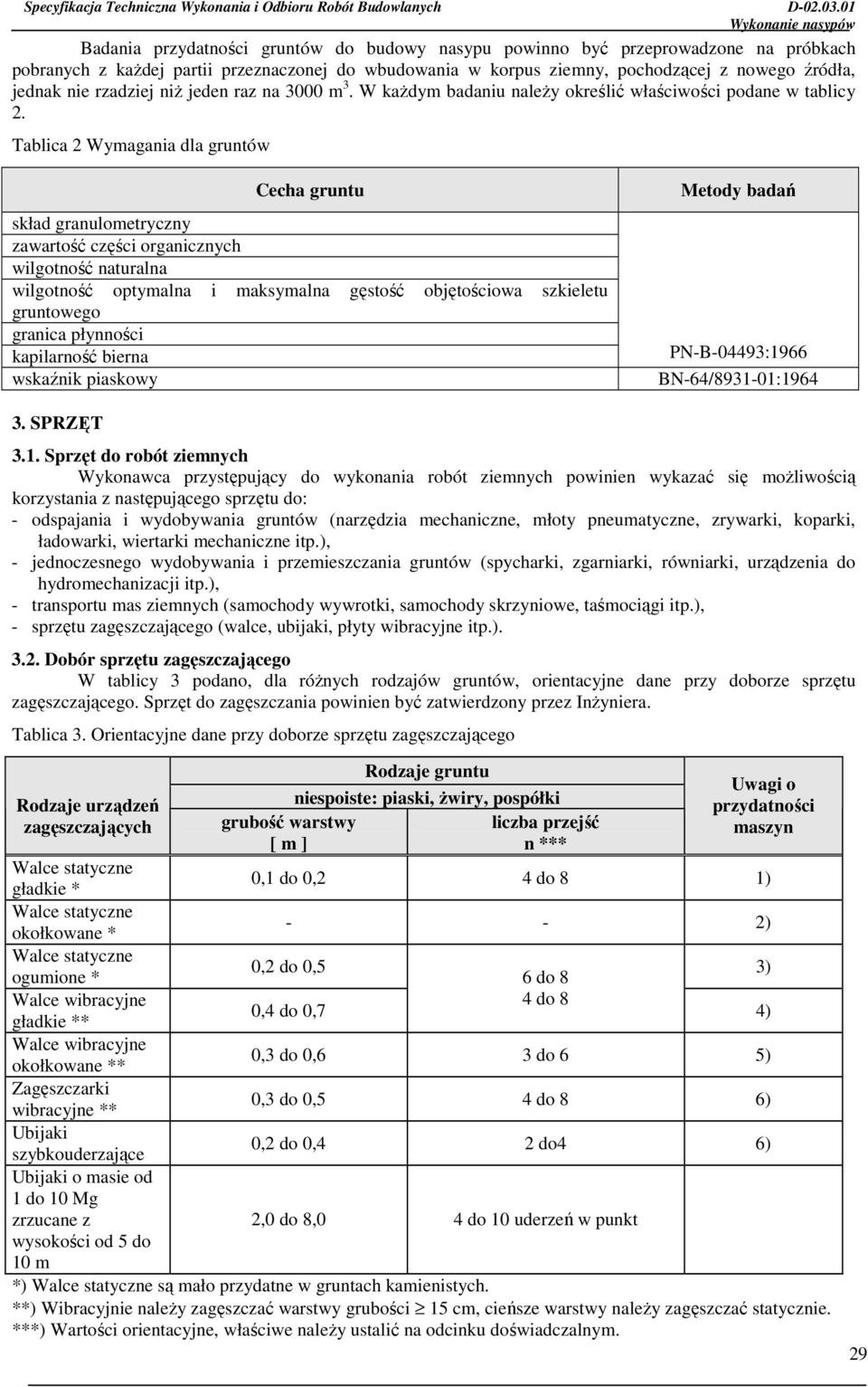 Tablica 2 Wymagania dla gruntów Cecha gruntu skład granulometryczny zawartość części organicznych wilgotność naturalna wilgotność optymalna i maksymalna gęstość objętościowa szkieletu gruntowego