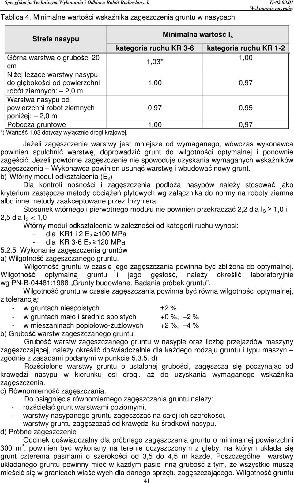 warstwy nasypu do głębokości od powierzchni 1,00 0,97 robót ziemnych: 2,0 m Warstwa nasypu od powierzchni robot ziemnych 0,97 0,95 poniŝej: 2,0 m Pobocza gruntowe 1,00 0,97 *) Wartość 1,03 dotyczy