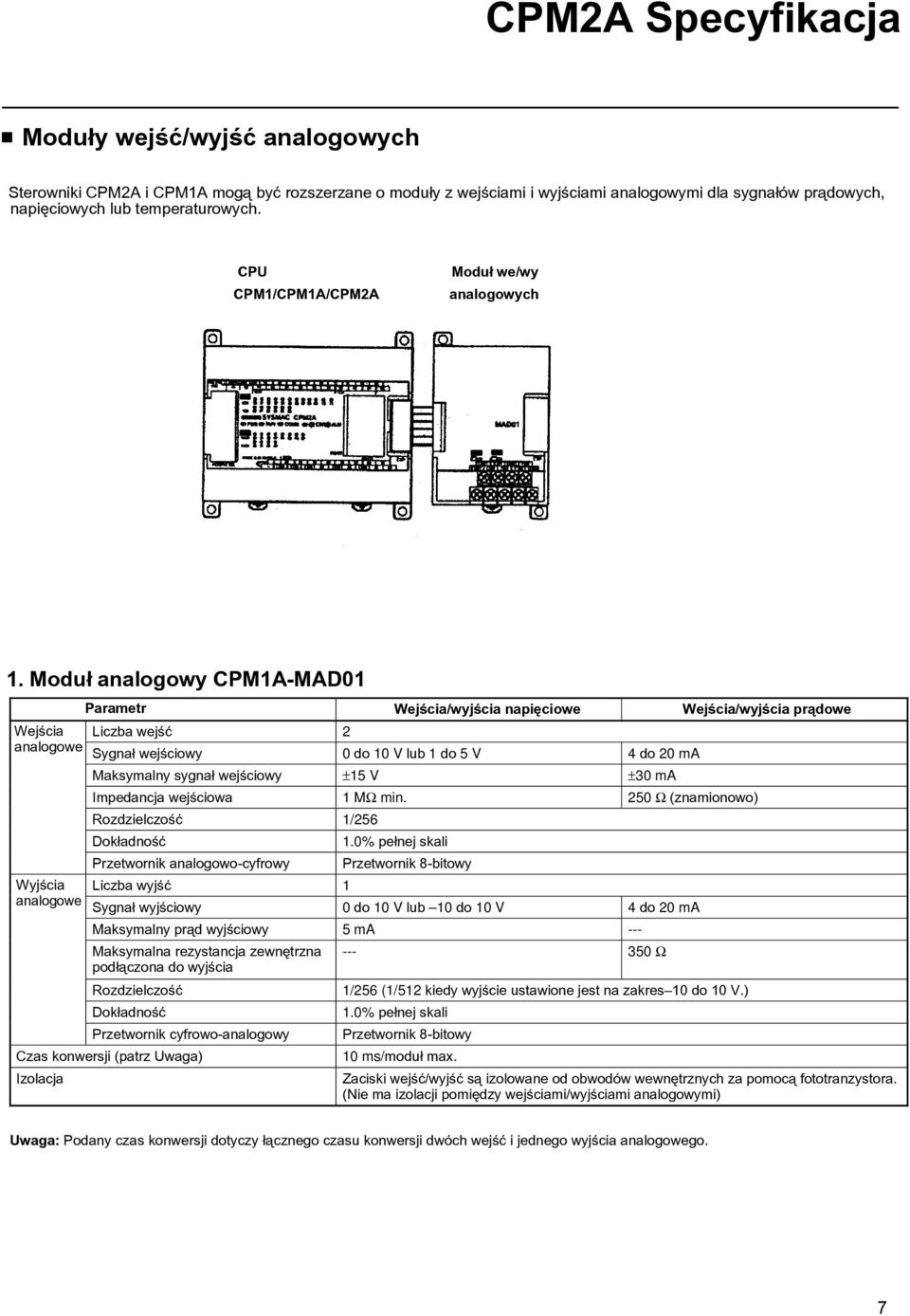 Modu³ analogowy CPM1A-MAD01 Wejœcia/wyjœcia napiêciowe Wejœcia Liczba wejœæ 2 analogowe Sygna³ wejœciowy 0 do 10 V lub 1 do 5 V 4 do 20 ma Maksymalny sygna³ wejœciowy ±15 V ±30 ma Impedancja