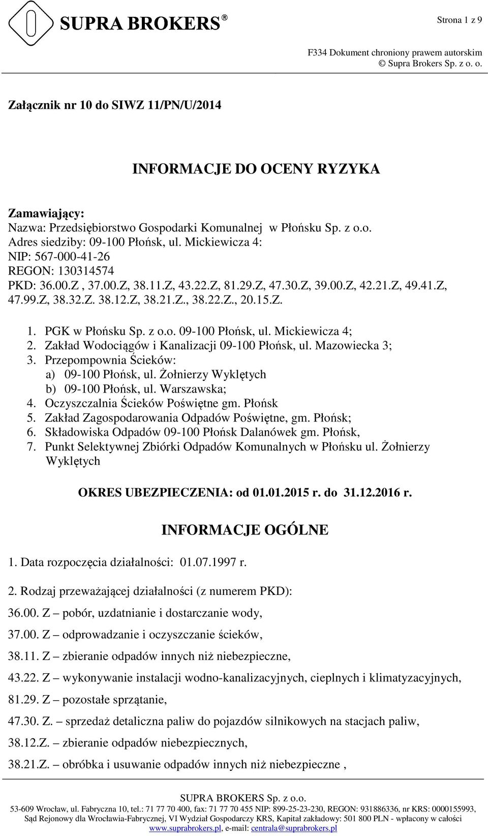 z o.o. 09-100 Płońsk, ul. Mickiewicza 4; 2. Zakład Wodociągów i Kanalizacji 09-100 Płońsk, ul. Mazowiecka 3; 3. Przepompownia Ścieków: a) 09-100 Płońsk, ul. Żołnierzy Wyklętych b) 09-100 Płońsk, ul.