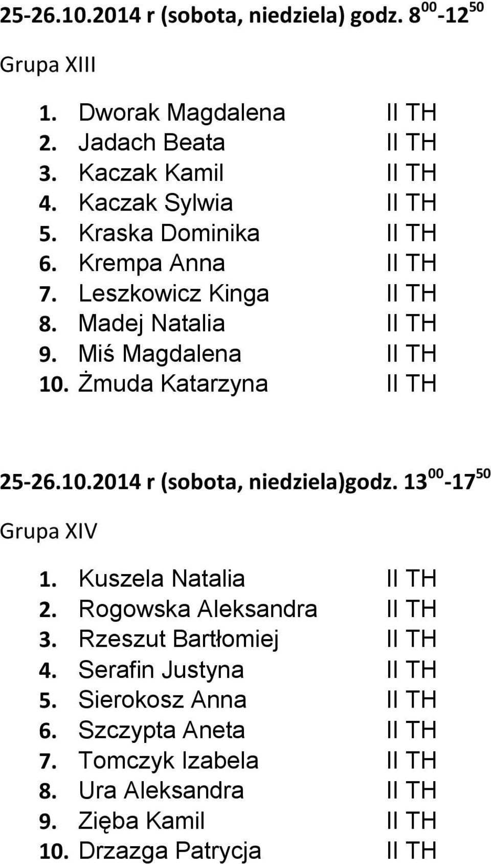 Żmuda Katarzyna II TH 25-26.10.2014 r (sobota, niedziela)godz. 13 00-17 50 Grupa XIV 1. Kuszela Natalia II TH 2. Rogowska Aleksandra II TH 3.