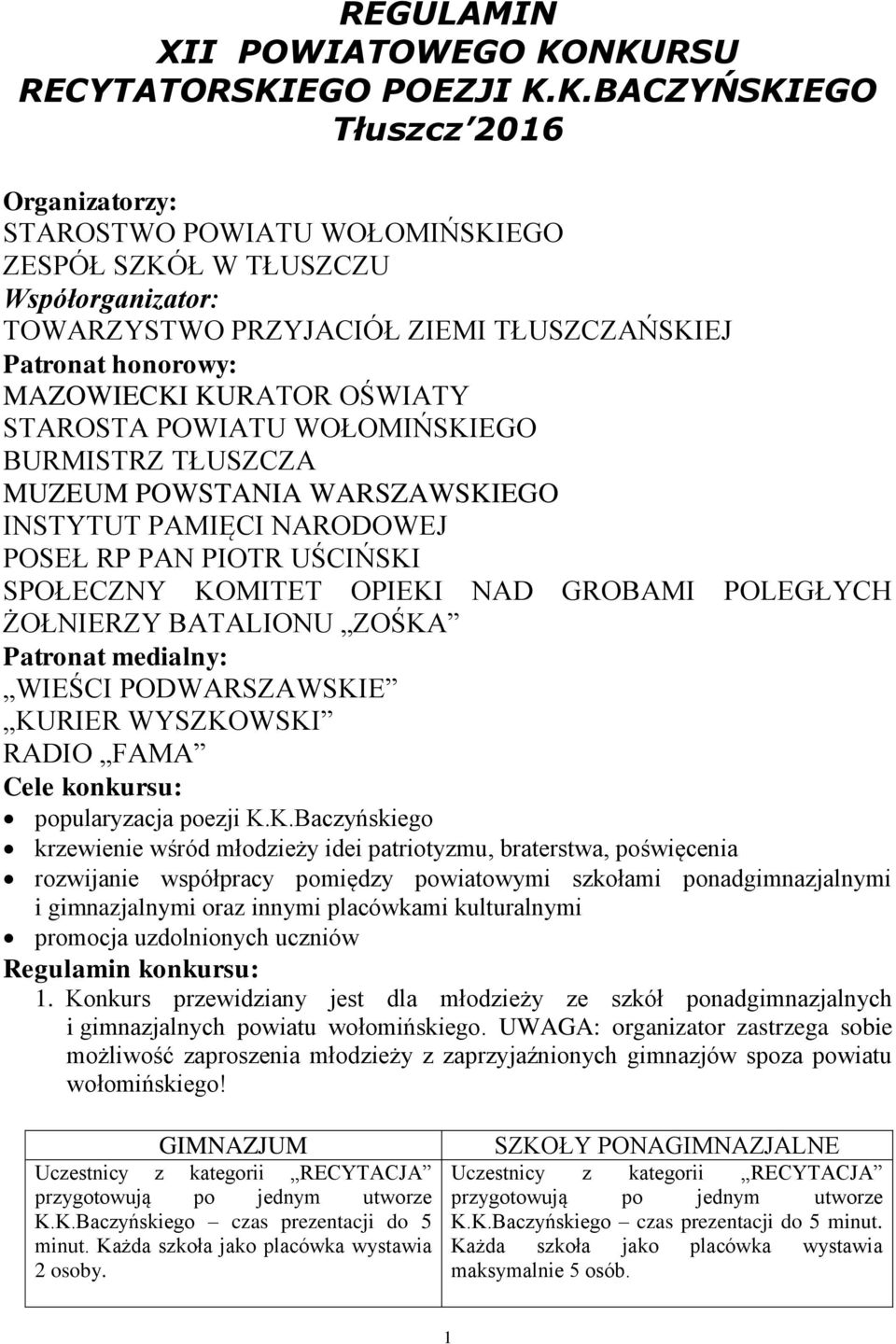 Patronat honorowy: MAZOWIECKI KURATOR OŚWIATY STAROSTA POWIATU WOŁOMIŃSKIEGO BURMISTRZ TŁUSZCZA MUZEUM POWSTANIA WARSZAWSKIEGO INSTYTUT PAMIĘCI NARODOWEJ POSEŁ RP PAN PIOTR UŚCIŃSKI SPOŁECZNY KOMITET