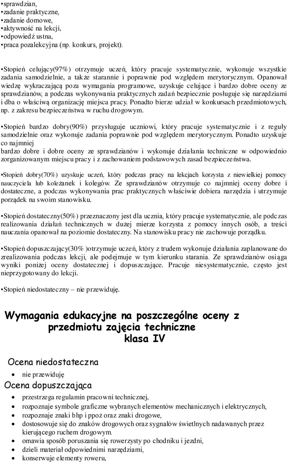Opanował wiedzę wykraczającą poza wymagania programowe, uzyskuje celujące i bardzo dobre oceny ze sprawdzianów, a podczas wykonywania praktycznych zadań bezpiecznie posługuje się narzędziami i dba o