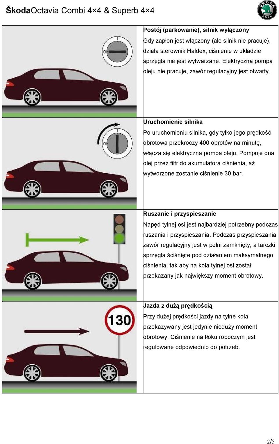 Uruchomienie silnika Po uruchomieniu silnika, gdy tylko jego prędkość obrotowa przekroczy 400 obrotów na minutę, włącza się elektryczna pompa oleju.