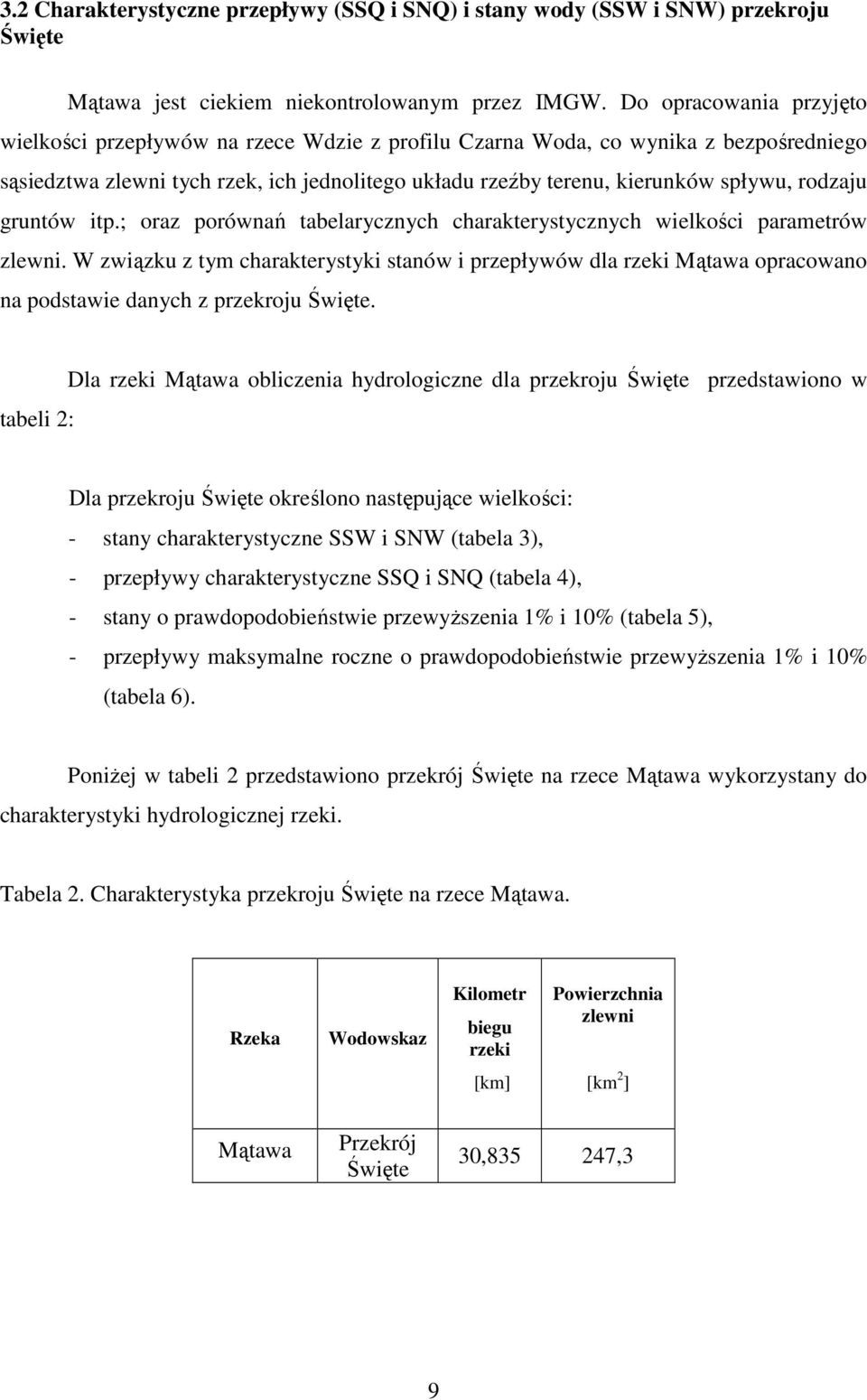 rodzaju gruntów itp.; oraz porównań tabelarycznych charakterystycznych wielkości parametrów zlewni.