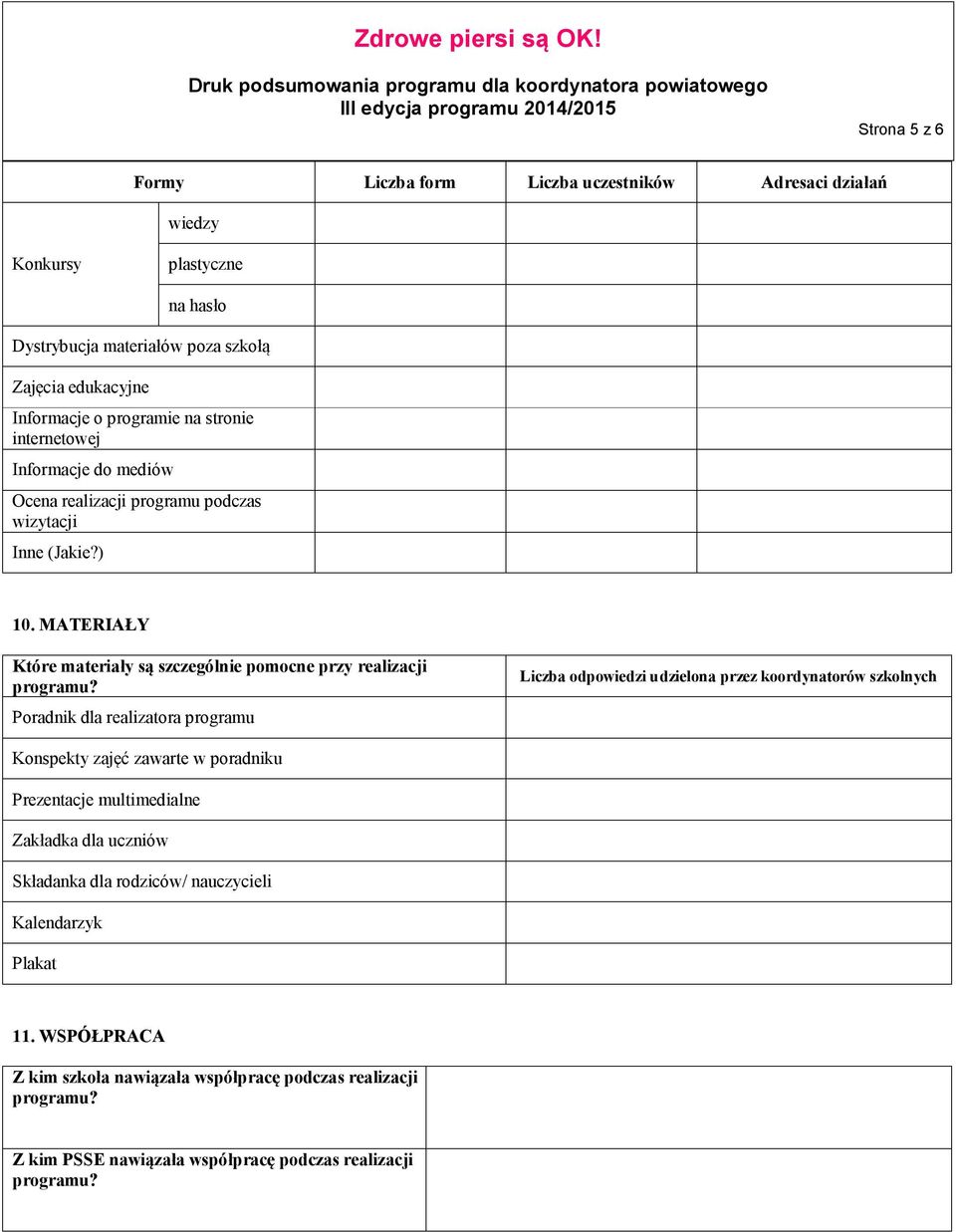 Poradnik dla realizatora programu Liczba odpowiedzi udzielona przez koordynatorów szkolnych Konspekty zajęć zawarte w poradniku Prezentacje multimedialne Zakładka dla uczniów