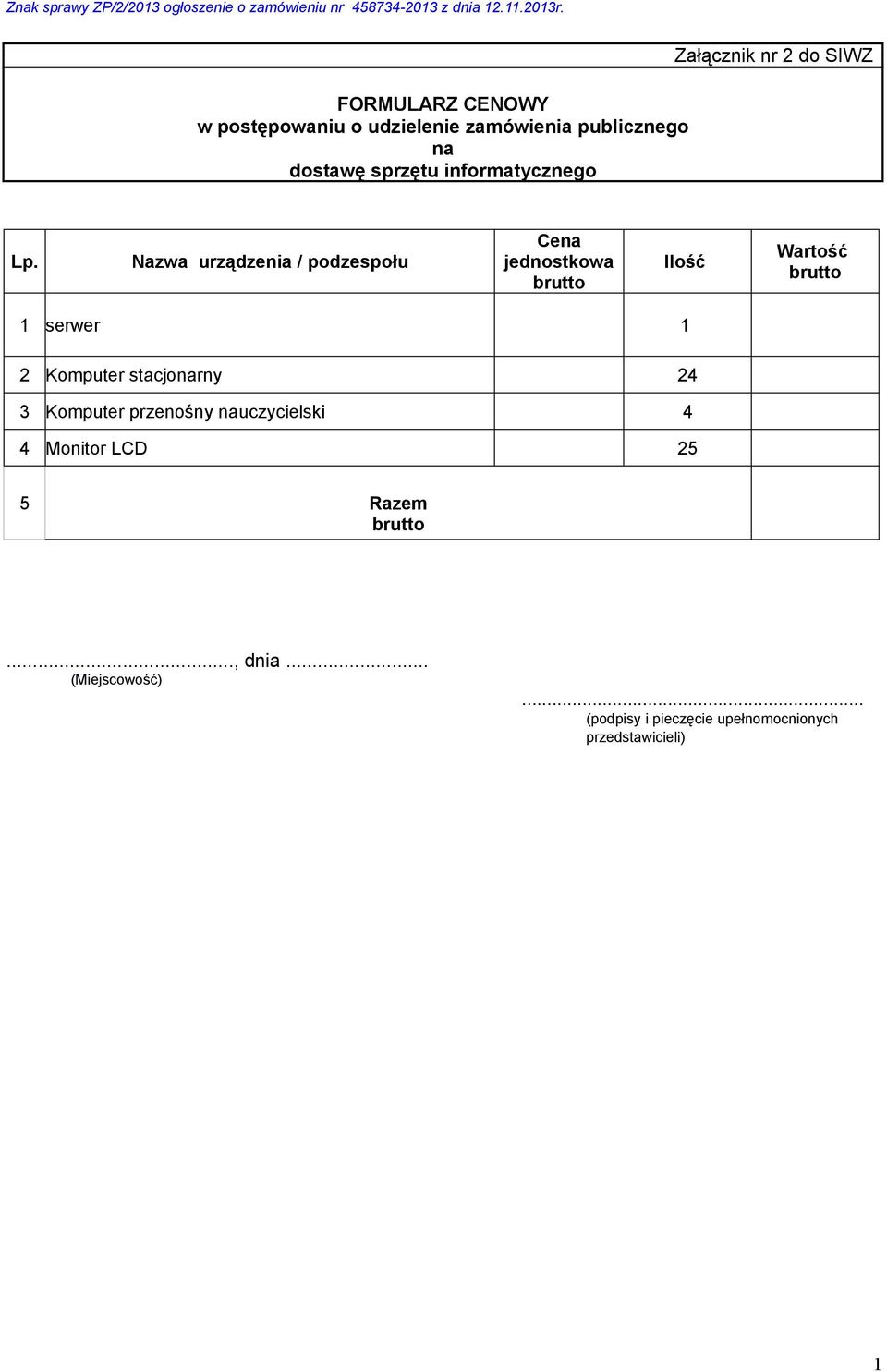 Nazwa urządzenia / podzespołu Cena jednostkowa brutto Ilość Wartość brutto 1 serwer 1 2 Komputer