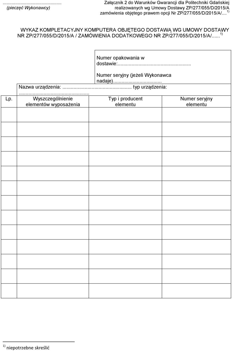 .. 1) WYKAZ KOMPLETACYJNY KOMPUTERA OBJĘTEGO DOSTAWĄ WG UMOWY DOSTAWY NR ZP/277/055/D/2015/A / ZAMÓWIENIA DODATKOWEGO NR ZP/277/055/D/2015/A/.
