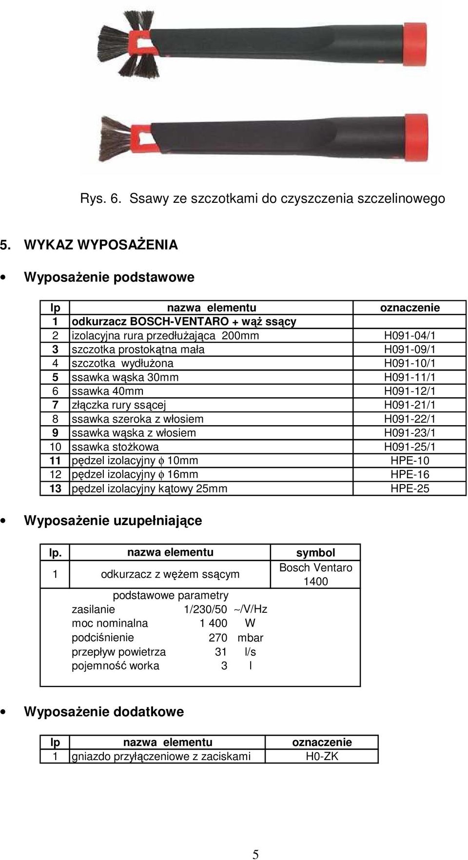 szczotka wydłuŝona H091-10/1 5 ssawka wąska 30mm H091-11/1 6 ssawka 40mm H091-12/1 7 złączka rury ssącej H091-21/1 8 ssawka szeroka z włosiem H091-22/1 9 ssawka wąska z włosiem H091-23/1 10 ssawka
