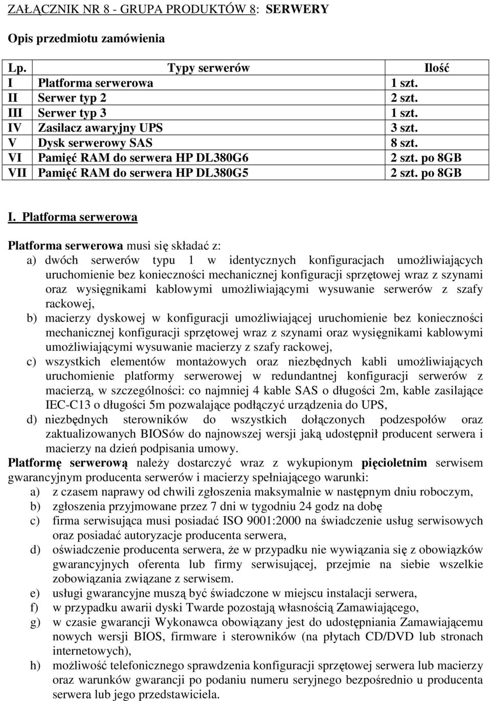 Platforma serwerowa Platforma serwerowa musi się składać z: a) dwóch serwerów typu 1 w identycznych konfiguracjach umożliwiających uruchomienie bez konieczności mechanicznej konfiguracji sprzętowej