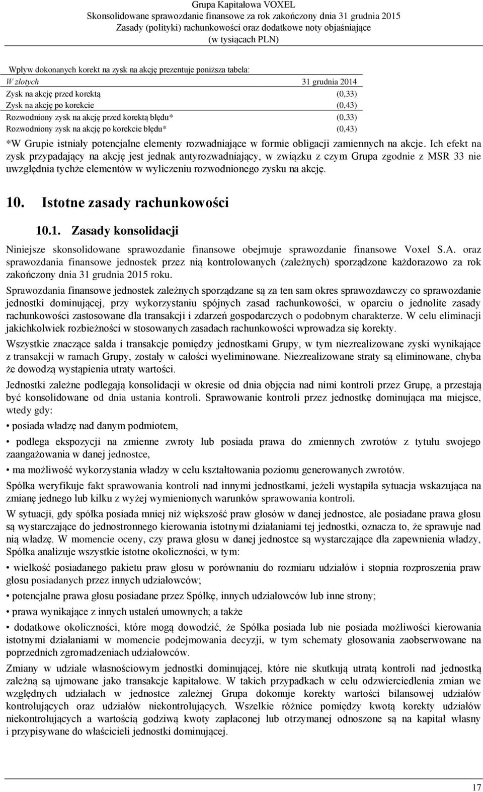 Ich efekt na zysk przypadający na akcję jest jednak antyrozwadniający, w związku z czym Grupa zgodnie z MSR 33 nie uwzględnia tychże elementów w wyliczeniu rozwodnionego zysku na akcję. 10.