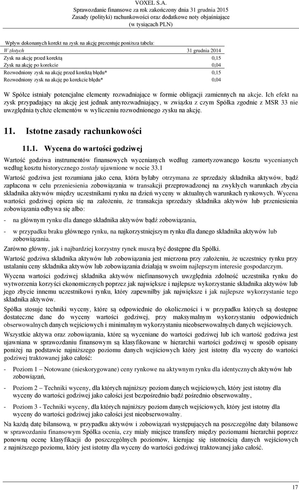 Ich efekt na zysk przypadający na akcję jest jednak antyrozwadniający, w związku z czym Spółka zgodnie z MSR 33 nie uwzględnia tychże elementów w wyliczeniu rozwodnionego zysku na akcję. 11.
