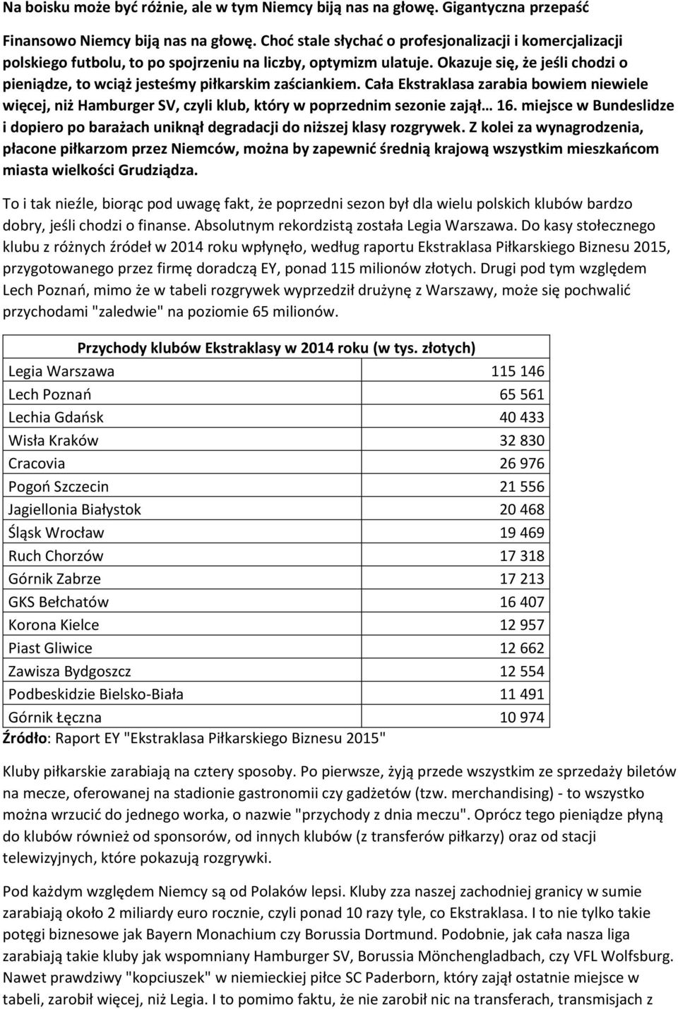 Okazuje się, że jeśli chodzi o pieniądze, to wciąż jesteśmy piłkarskim zaściankiem. Cała Ekstraklasa zarabia bowiem niewiele więcej, niż Hamburger SV, czyli klub, który w poprzednim sezonie zajął 16.