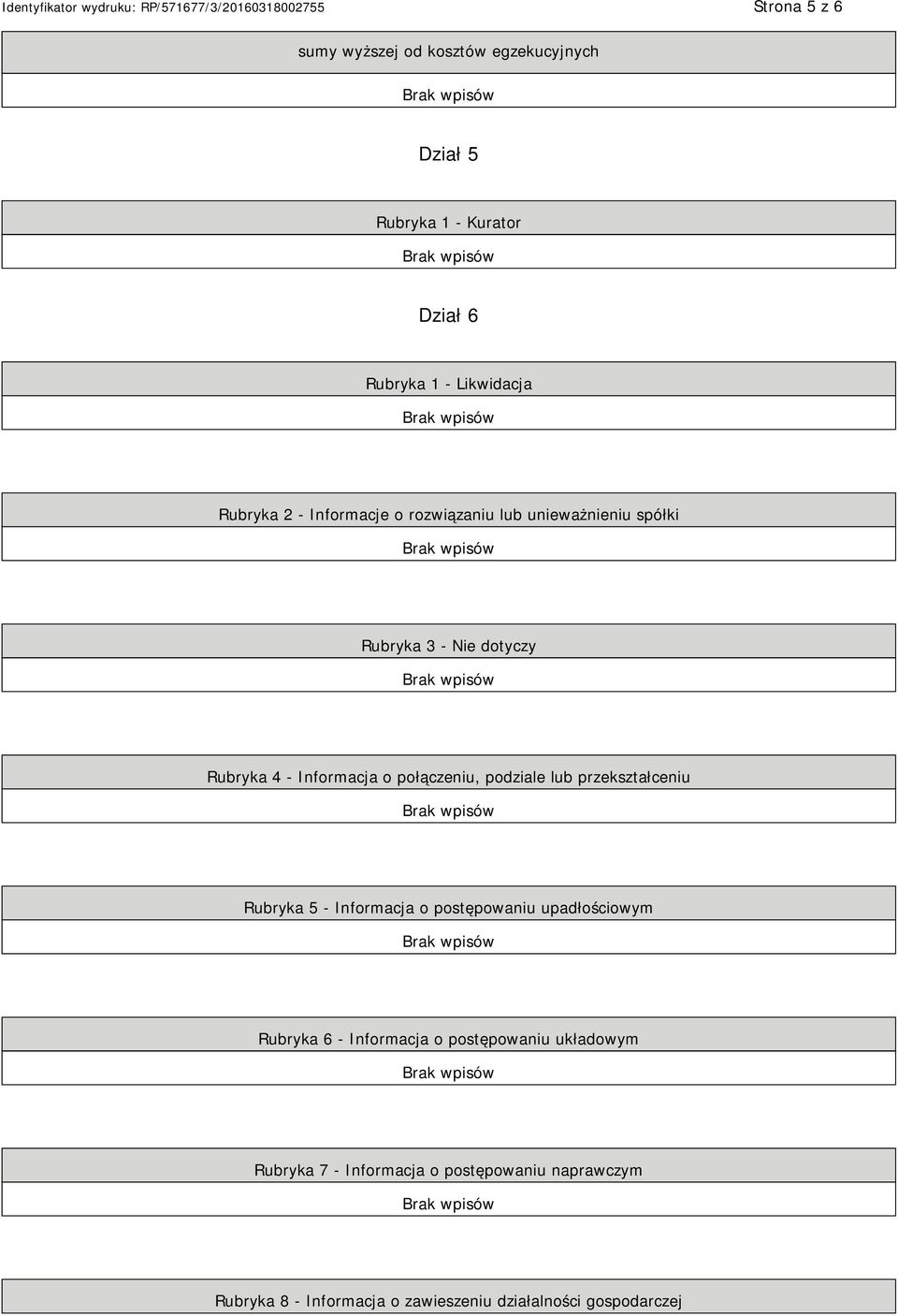 podziale lub przekształceniu Rubryka 5 - Informacja o postępowaniu upadłościowym Rubryka 6 - Informacja o postępowaniu