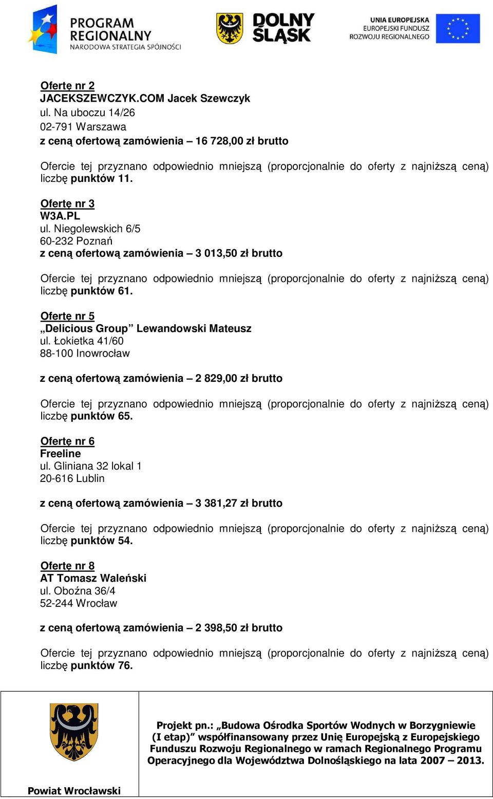 Łokietka 41/60 88-100 Inowrocław z ceną ofertową zamówienia 2 829,00 zł brutto liczbę punktów 65. Ofertę nr 6 Freeline ul.