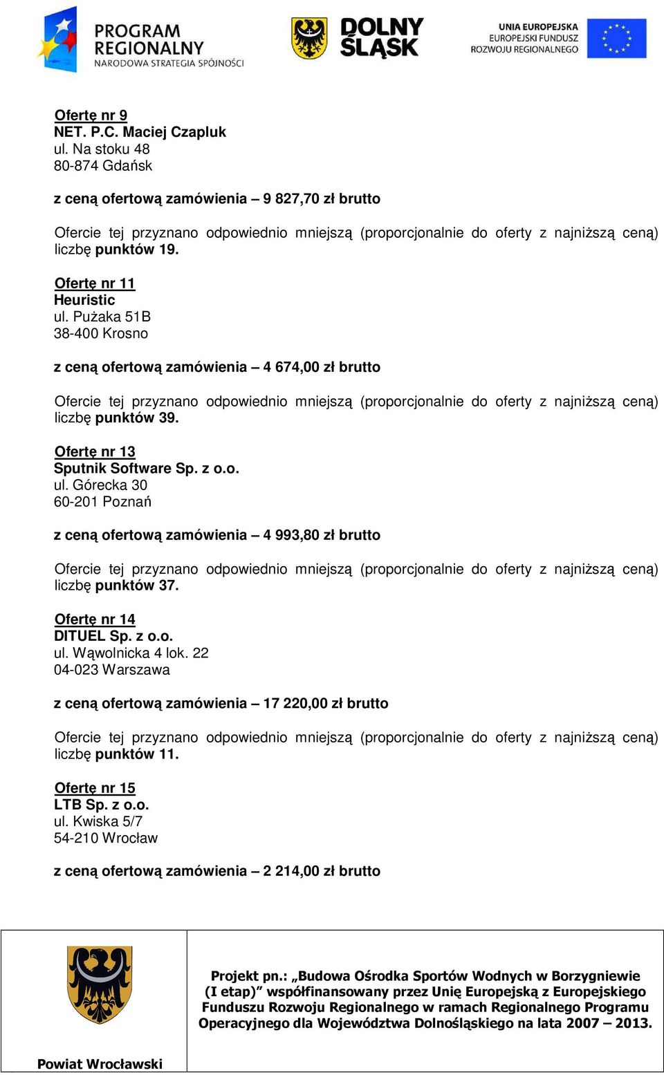 Ofertę nr 14 DITUEL Sp. z o.o. ul. Wąwolnicka 4 lok. 22 04-023 Warszawa z ceną ofertową zamówienia 17 220,00 zł brutto liczbę punktów 11.