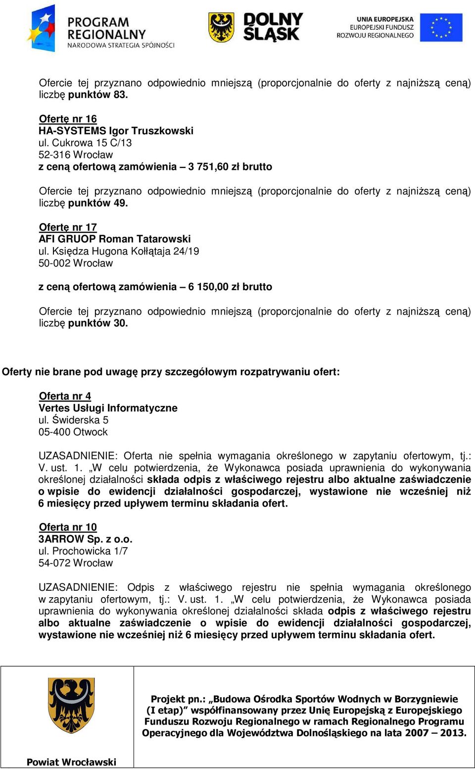 Oferty nie brane pod uwagę przy szczegółowym rozpatrywaniu ofert: Oferta nr 4 Vertes Usługi Informatyczne ul.