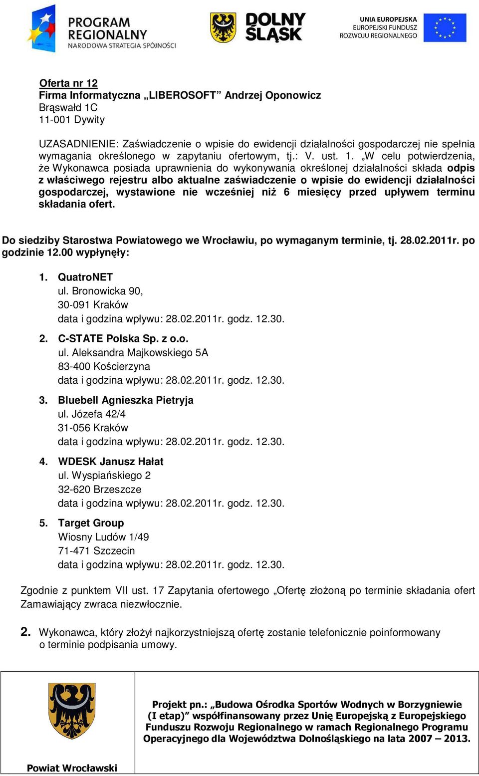 W celu potwierdzenia, Ŝe Wykonawca posiada uprawnienia do wykonywania określonej działalności składa odpis z właściwego rejestru albo aktualne zaświadczenie o wpisie do ewidencji działalności