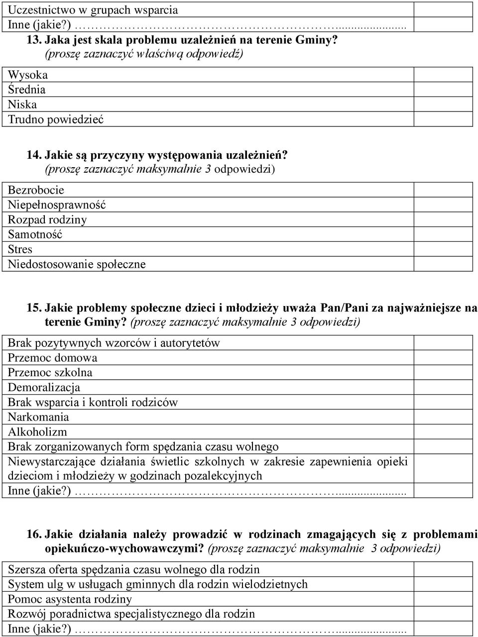 Jakie problemy społeczne dzieci i młodzieży uważa Pan/Pani za najważniejsze na terenie Gminy?