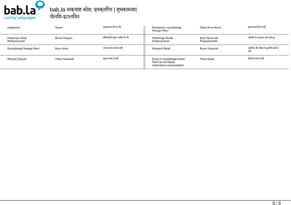 Buon Giorno del Ringraziamento अम र क म क तज ञत द न मन त ह ए Szczęśliwego Nowego Roku! Buon Anno! नए स ल क मन न क ल ए Wesołych Świąt! Buone Vacanze!