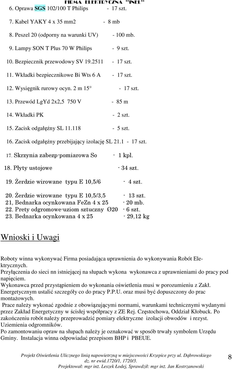 16. Zacisk odgałęźny przebijający izolację SL 21.1-17 szt. 17. Skrzynia zabezp-pomiarowa So - 1 kpl. 18. Płyty ustojowe - 34 szt. 19. Żerdzie wirowane typu E 10,5/6-4 szt. 20.