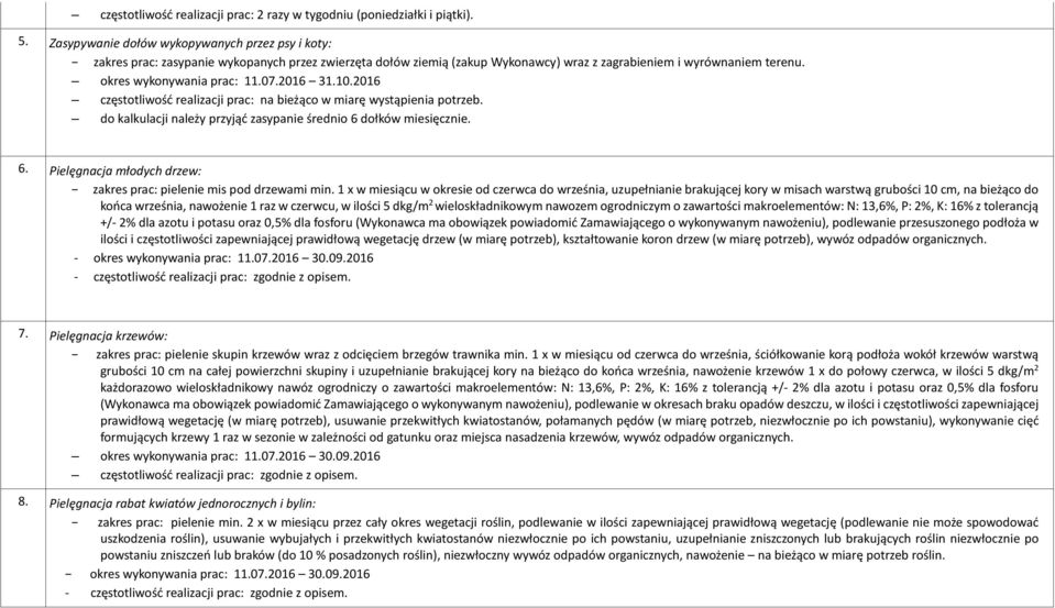 07.2016 31.10.2016 częstotliwość realizacji prac: na bieżąco w miarę wystąpienia potrzeb. do kalkulacji należy przyjąć zasypanie średnio 6 