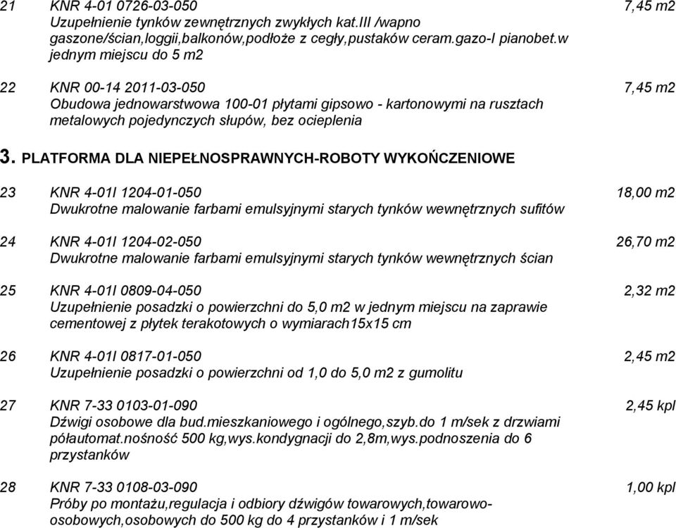 PLATFORMA DLA NIEPEŁNOSPRAWNYCH-ROBOTY WYKOŃCZENIOWE 23 KNR 4-01I 1204-01-050 Dwukrotne malowanie farbami emulsyjnymi starych tynków wewnętrznych sufitów 24 KNR 4-01I 1204-02-050 Dwukrotne malowanie