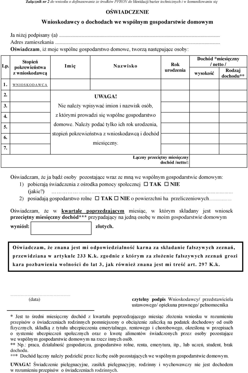 Stopień pokrewieństwa z wnioskodawcą Imię Nazwisko Rok urodzenia Dochód *miesięczny / netto / Rodzaj wysokość dochodu** 1. W N I O S K O D A W CA 2. UWAGA! 3. 4. 5. 6. 7.