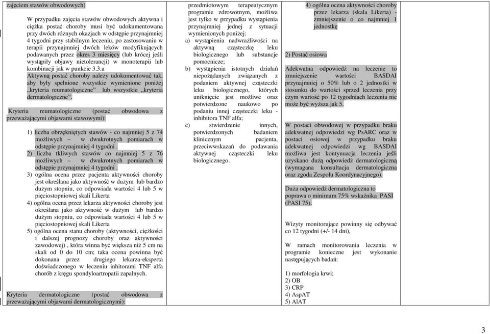 punkcie 3.3.a Aktywną postać choroby należy udokumentować tak, aby były spełnione wszystkie wymienione poniżej kryteria reumatologiczne lub wszystkie kryteria dermatologiczne.