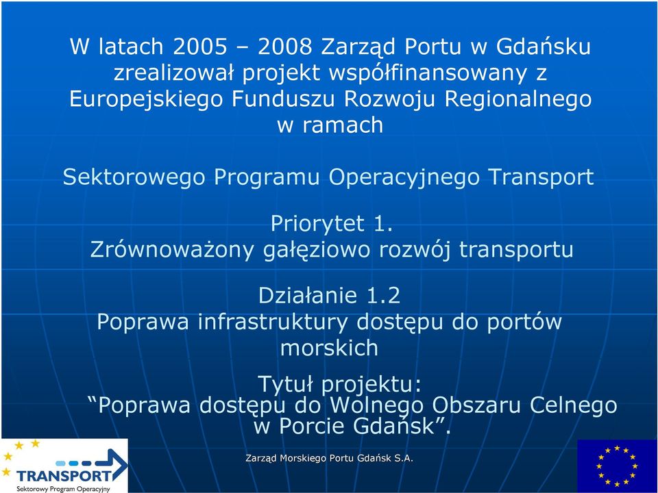 Transport Priorytet 1. ZrównowaŜony gałęziowo rozwój transportu Działanie 1.