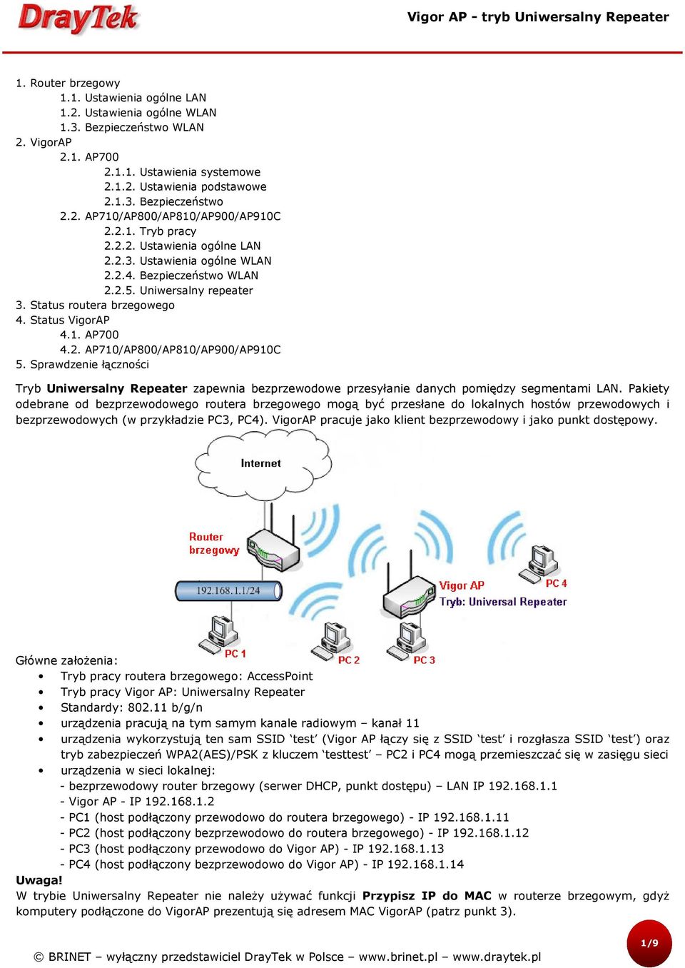 Status VigorAP 4.1. AP700 4.2. AP710/AP800/AP810/AP900/AP910C 5. Sprawdzenie łączności Tryb Uniwersalny Repeater zapewnia bezprzewodowe przesyłanie danych pomiędzy segmentami LAN.