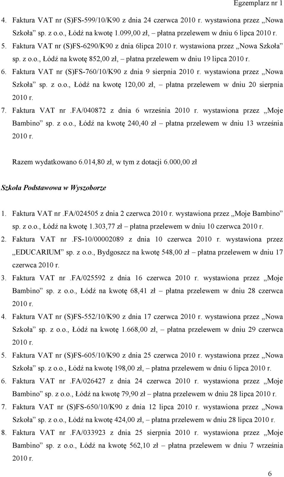 Faktura VAT nr (S)FS-760/10/K90 z dnia 9 sierpnia wystawiona przez Nowa Szkoła sp. z o.o., Łódź na kwotę 120,00 zł, płatna przelewem w dniu 20 sierpnia 7. Faktura VAT nr.