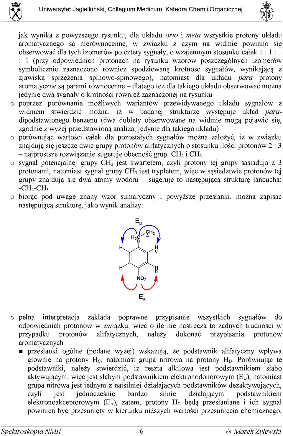 zaznaczono również spodziewaną krotność sygnałów, wynikającą z zjawiska sprzężenia spinowo-spinowego), natomiast dla układu para protony aromatyczne są parami równocenne dlatego też dla takiego