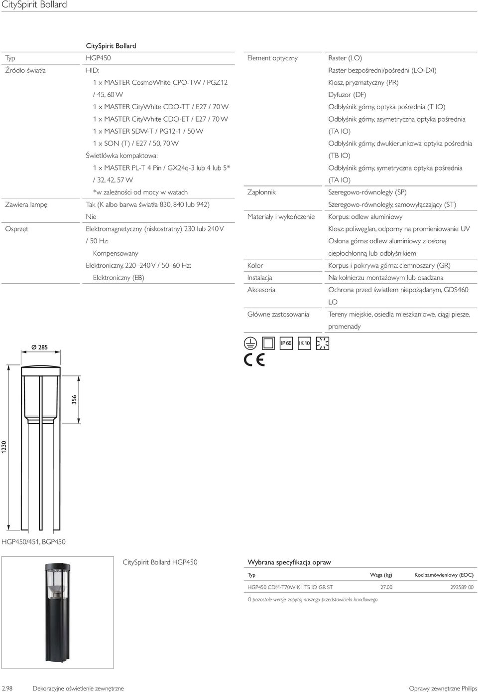 albo barwa światła 830, 840 lub 942) Nie Osprzęt Elektromagnetyczny (niskostratny) 230 lub 240 V / 50 Hz: Kompensowany Elektroniczny, 220 240 V / 50 60 Hz: Elektroniczny (EB) Element optyczny