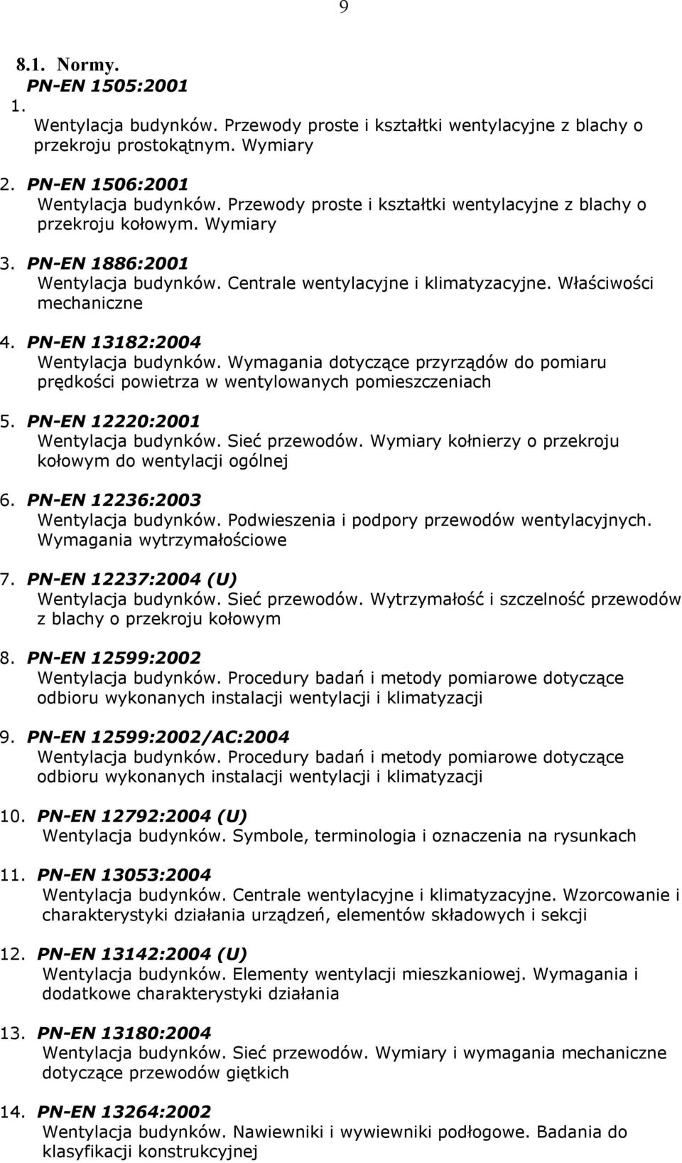PN-EN 13182:2004 Wentylacja budynków. Wymagania dotyczące przyrządów do pomiaru prędkości powietrza w wentylowanych pomieszczeniach 5. PN-EN 12220:2001 Wentylacja budynków. Sieć przewodów.