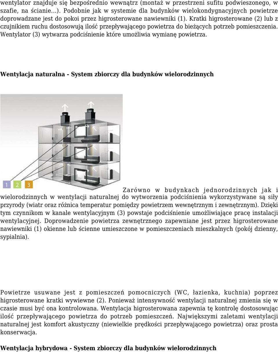 Kratki higrosterowane (2) lub z czujnikiem ruchu dostosowują ilość przepływającego powietrza do bieżących potrzeb pomieszczenia. Wentylator (3) wytwarza podciśnienie które umożliwia wymianę powietrza.