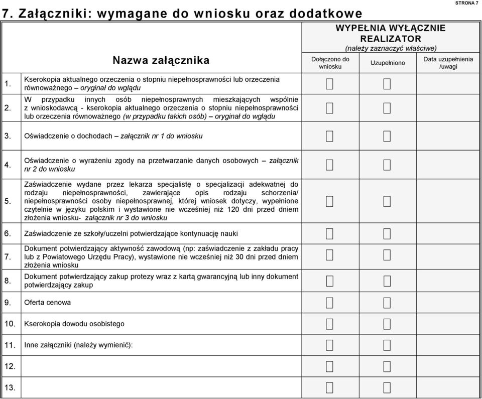 przypadku innych osób niepełnosprawnych mieszkających wspólnie z wnioskodawcą - kserokopia aktualnego orzeczenia o stopniu niepełnosprawności lub orzeczenia równoważnego (w przypadku takich osób)