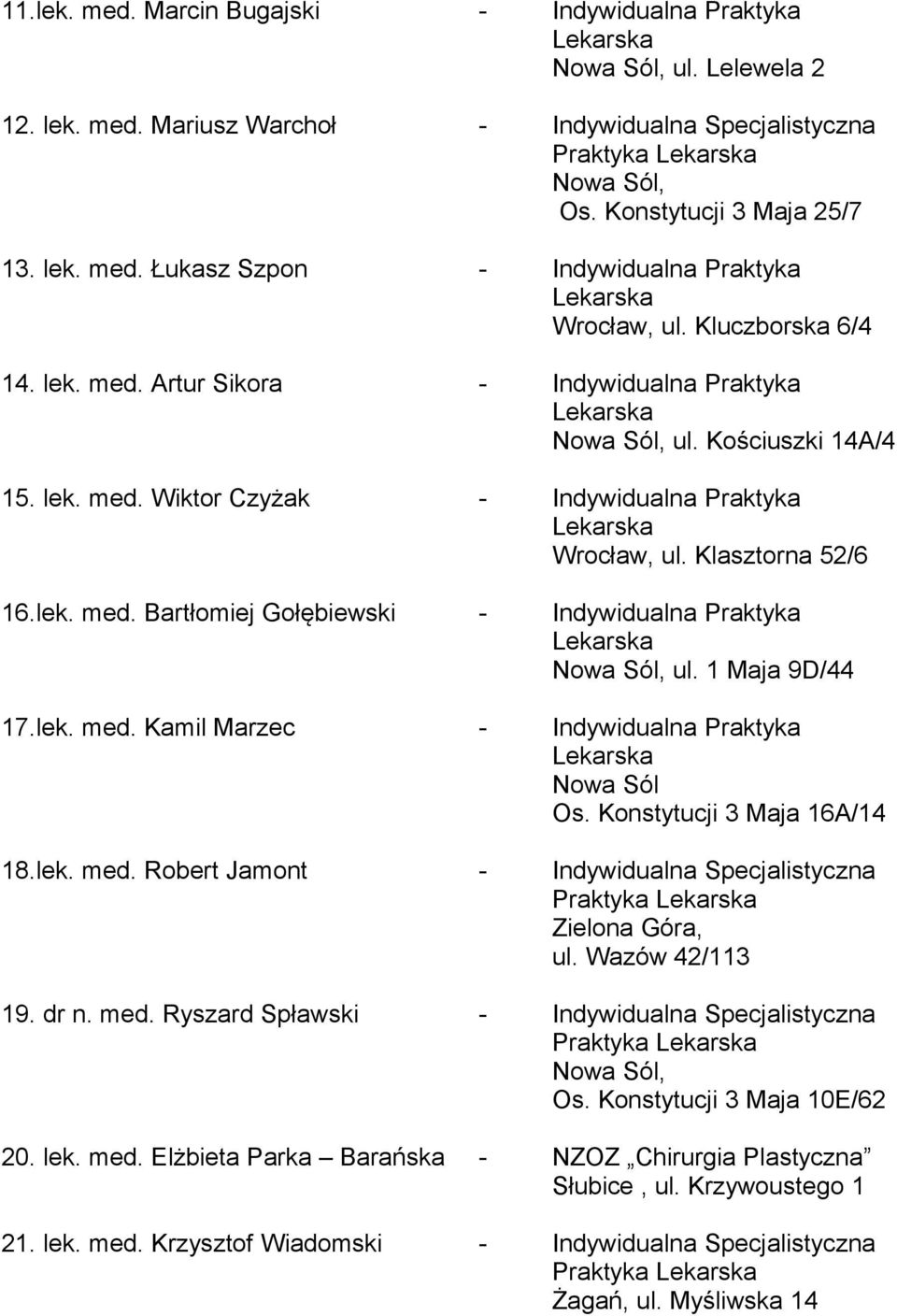 1 Maja 9D/44 17.lek. med. Kamil Marzec - Indywidualna Praktyka Os. Konstytucji 3 Maja 16A/14 18.lek. med. Robert Jamont - Indywidualna Specjalistyczna Zielona Góra, ul. Wazów 42/113 19. dr n. med. Ryszard Spławski - Indywidualna Specjalistyczna Os.