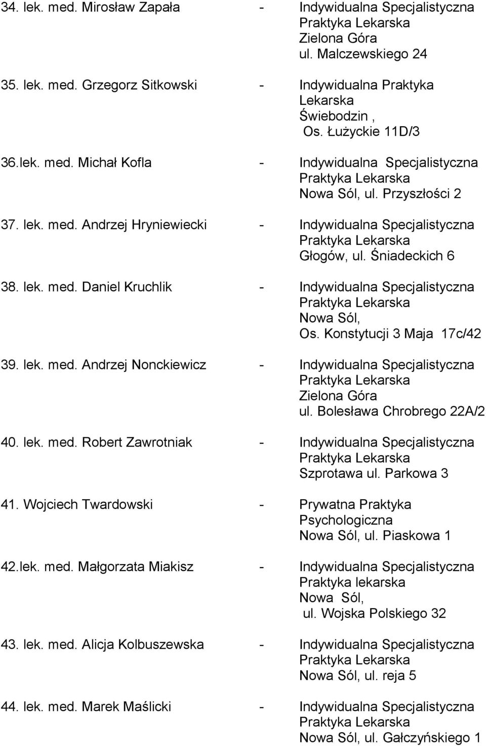 lek. med. Andrzej Nonckiewicz - Indywidualna Specjalistyczna Zielona Góra ul. Bolesława Chrobrego 22A/2 40. lek. med. Robert Zawrotniak - Indywidualna Specjalistyczna Szprotawa ul. Parkowa 3 41.