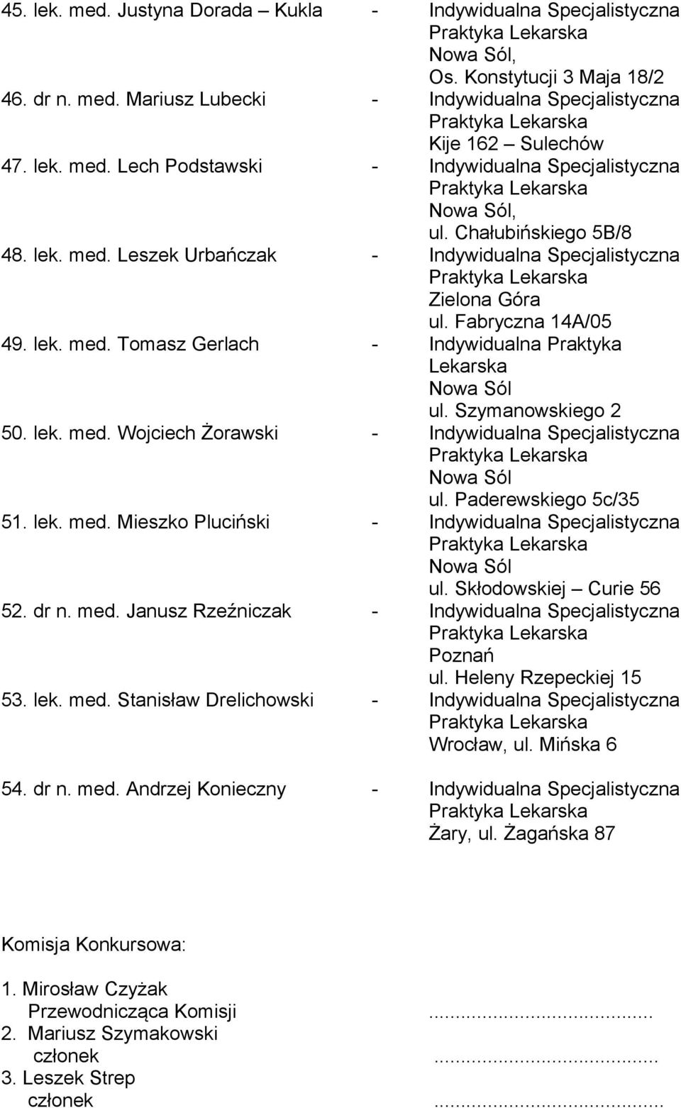 Paderewskiego 5c/35 51. lek. med. Mieszko Pluciński - Indywidualna Specjalistyczna ul. Skłodowskiej Curie 56 52. dr n. med. Janusz Rzeźniczak - Indywidualna Specjalistyczna Poznań ul.