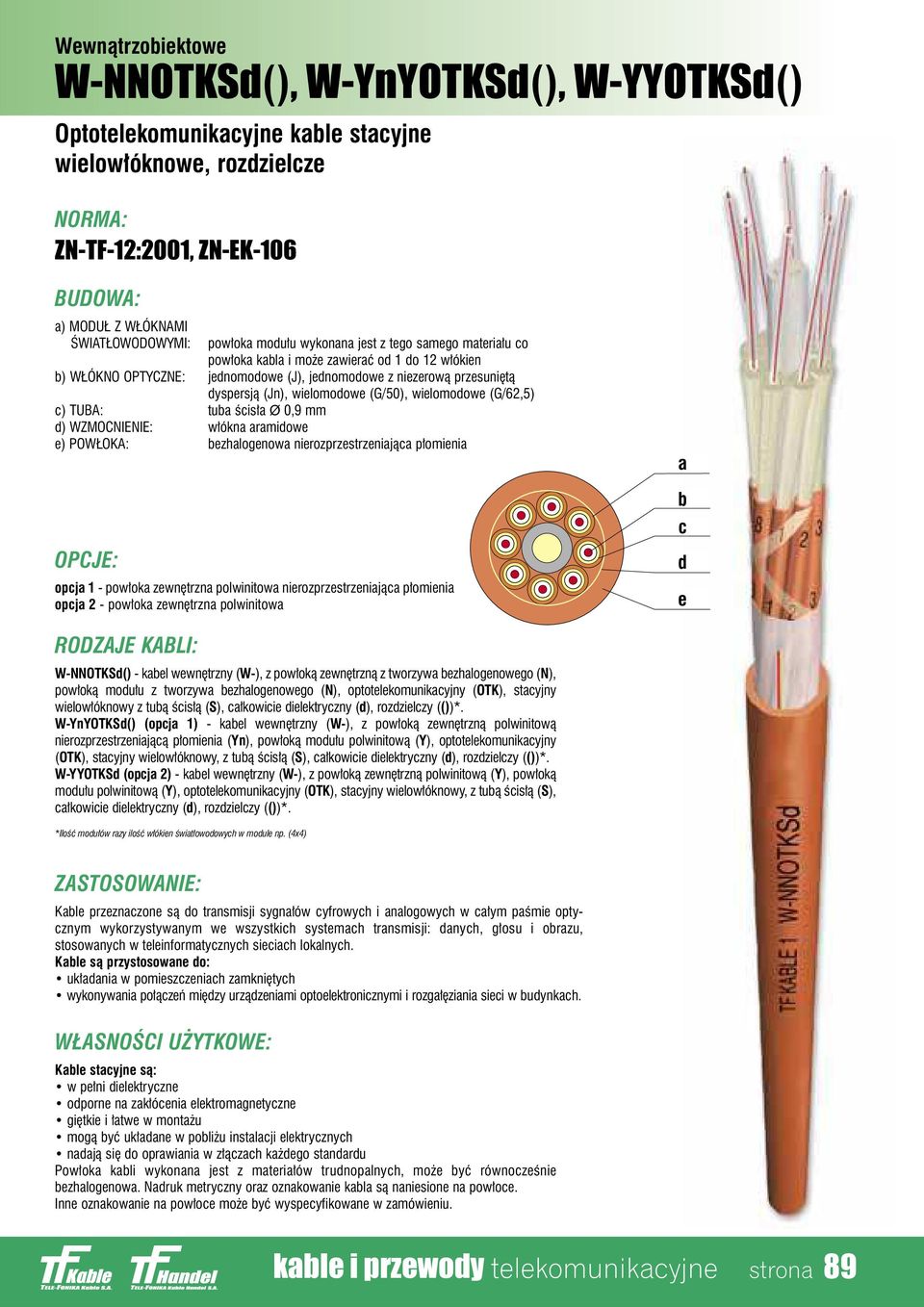 (G/50), wielomodowe (G/2,5) c) TUBA: tuba Êcis a Ø 0,9 mm d) WZMOCNIENIE: w ókna aramidowe e) POW OKA: bezhalogenowa nierozprzestrzeniajàca p omienia OPCJE: opcja 1 - pow oka zewn trzna polwinitowa