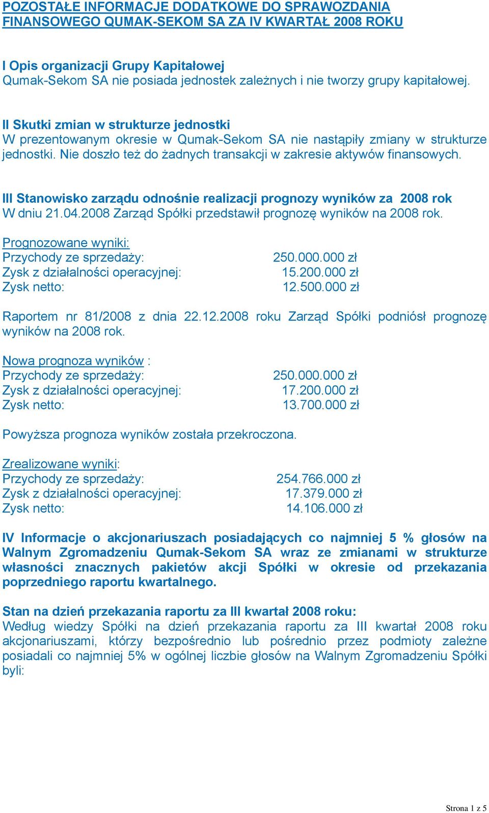 Nie doszło też do żadnych transakcji w zakresie aktywów finansowych. III Stanowisko zarządu odnośnie realizacji prognozy wyników za 2008 rok W dniu 21.04.