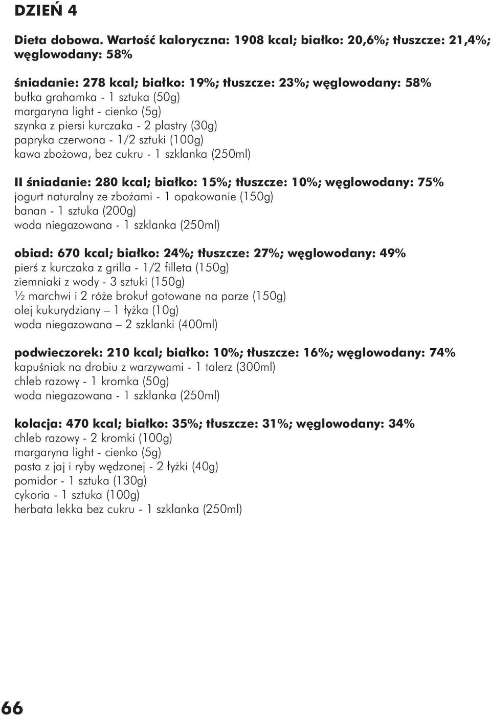 kurczaka - 2 plastry (30g) papryka czerwona - 1/2 sztuki (100g) kawa zbożowa, bez cukru - 1 szklanka (250ml) II śniadanie: 280 kcal; białko: 15%; tłuszcze: 10%; węglowodany: 75% jogurt naturalny ze