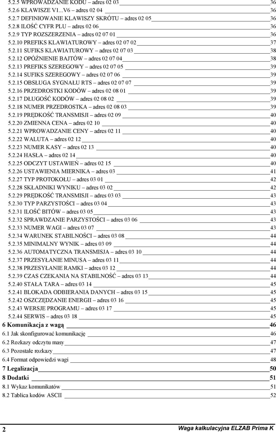 2.15 OBSŁUGA SYGNAŁU RTS adres 02 07 07 39 5.2.16 PRZEDROSTKI KODÓW adres 02 08 01 39 5.2.17 DŁUGOŚĆ KODÓW adres 02 08 02 39 5.2.18 NUMER PRZEDROSTKA adres 02 08 03 39 5.2.19 PRĘDKOŚĆ TRANSMISJI adres 02 09 40 5.