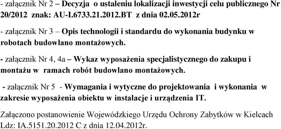 - załącznik Nr 4, 4a Wykaz wyposażenia specjalistycznego do zakupu i montażu w ramach robót budowlano montażowych.