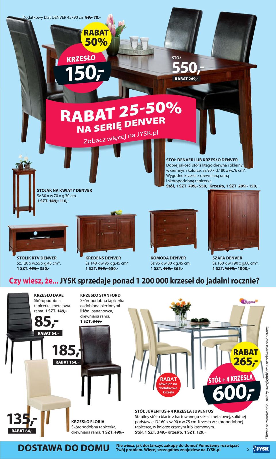 Stół, 1 SZT. 799,- 550,- Krzesło, 1 SZT. 299,- 150,- STOLIK RTV DENVER Sz.120 x w.55 x g.45 cm*. 1 SZT. 499,- 350,- KREDENS DENVER Sz.148 x w.95 x g.45 cm*. 1 SZT. 999,- 650,- KOMODA DENVER Sz.96 x w.