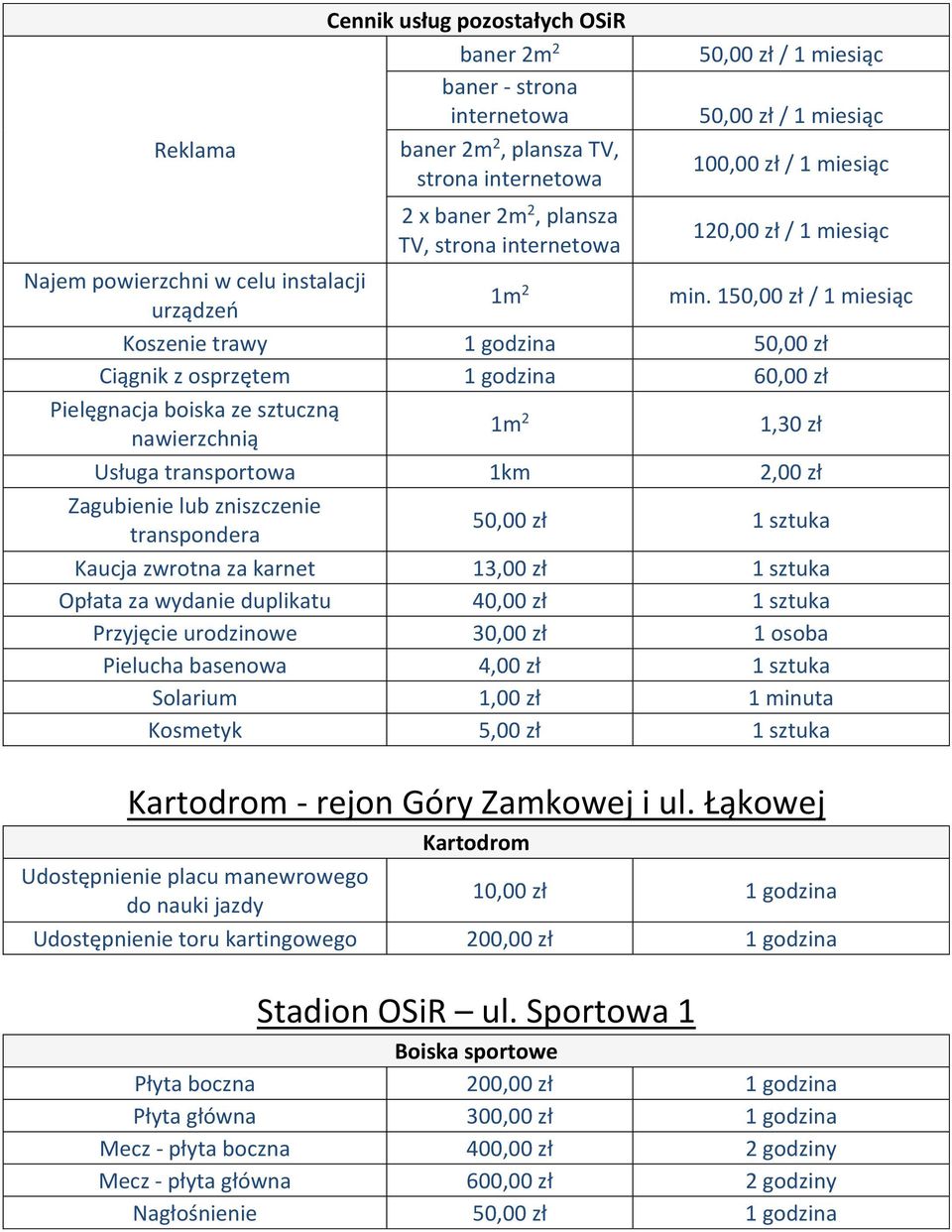 150,00 zł / 1 miesiąc Koszenie trawy 1 godzina 50,00 zł Ciągnik z osprzętem 1 godzina 60,00 zł Pielęgnacja boiska ze sztuczną nawierzchnią 1m 2 1,30 zł Usługa transportowa 1km 2,00 zł Zagubienie lub