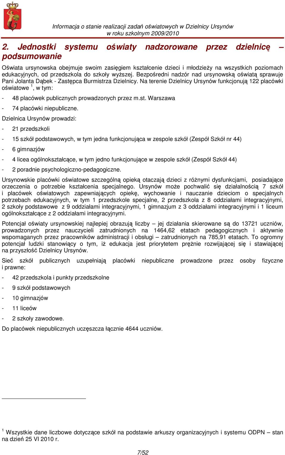 Na terenie Dzielnicy Ursynów funkcjonują 122 placówki oświatowe 1, w tym: - 48 placówek publicznych prowadzonych przez m.st. Warszawa - 74 placówki niepubliczne.